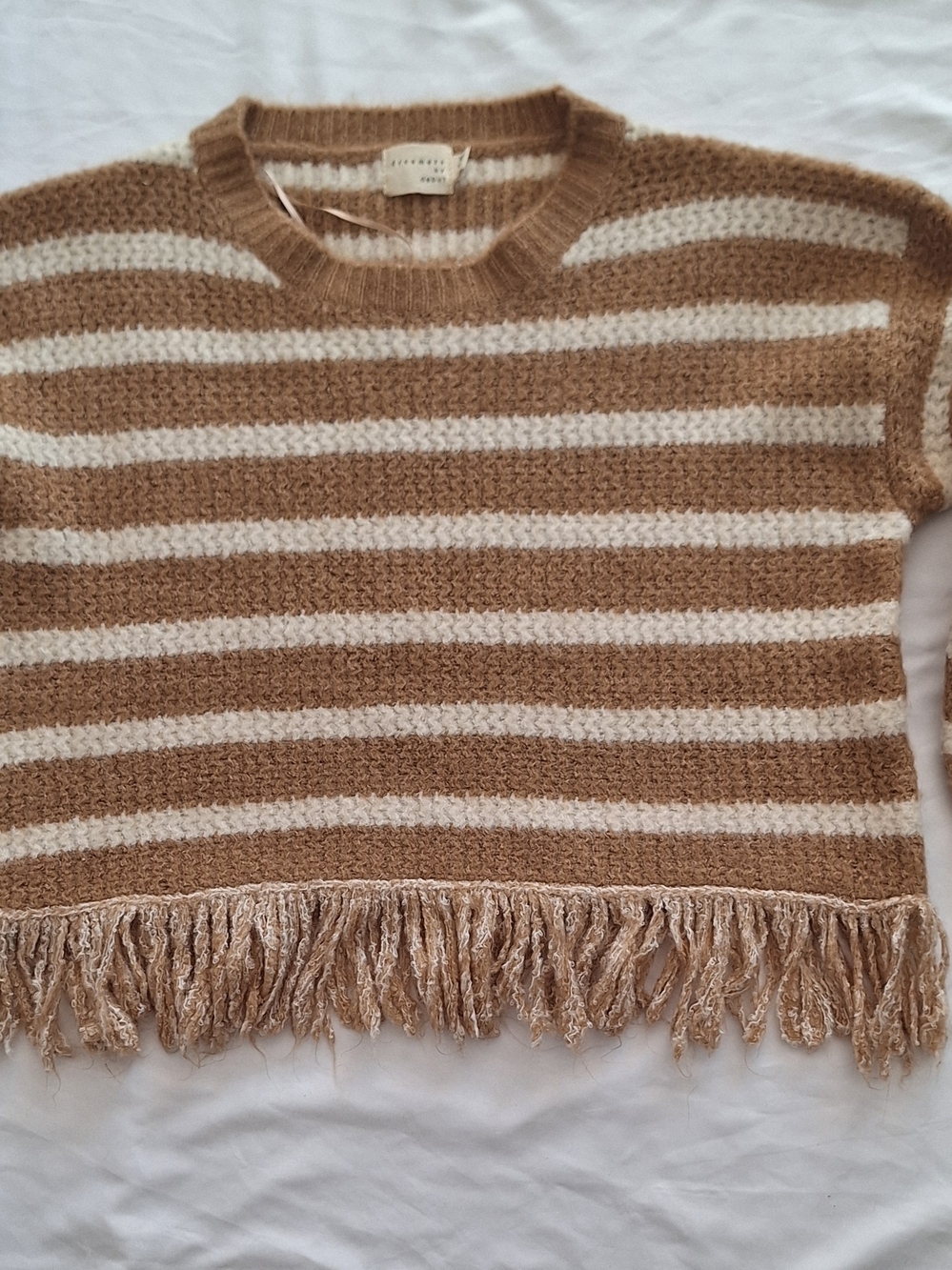 Dreamers By Debut Brown And White Crop Women's Sweater with Fringe Hem XS